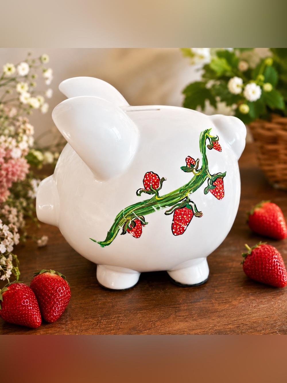 Strawberry Frog Piggy Bank Hand Painted Ceramic Cottagecore Whimsical Decor